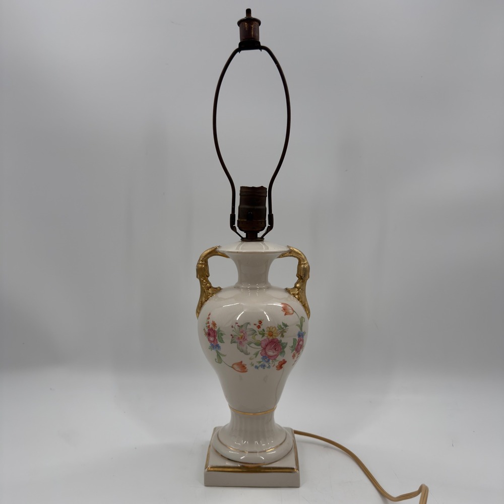 Vintage Victorian Revival Porcelain Urn Table Lamp Floral Gilt Figural Handles